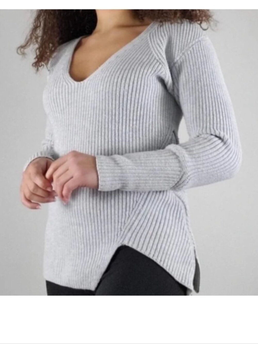 CAbi Ribbed Sweater Deep V Pullover Side Zip Cotton 3531